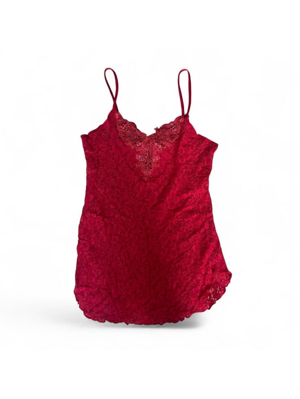 Vintage Inner Most Red Lace Cami Tank Top Embroidered Sequin Trim